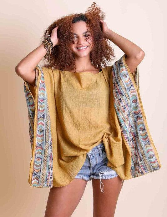 Geometric Embroidered Sleeve Kimono Mustard OS Shirts & Tops