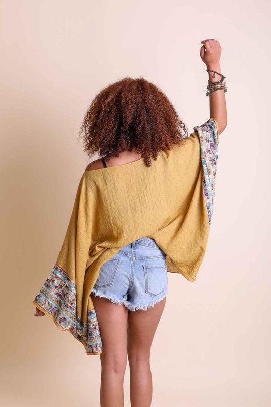 Geometric Embroidered Sleeve Kimono Shirts & Tops