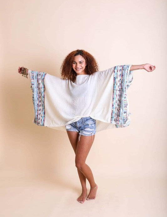 Geometric Embroidered Sleeve Kimono Ivory OS Shirts & Tops