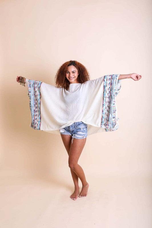 Geometric Embroidered Sleeve Kimono Ivory OS Shirts & Tops