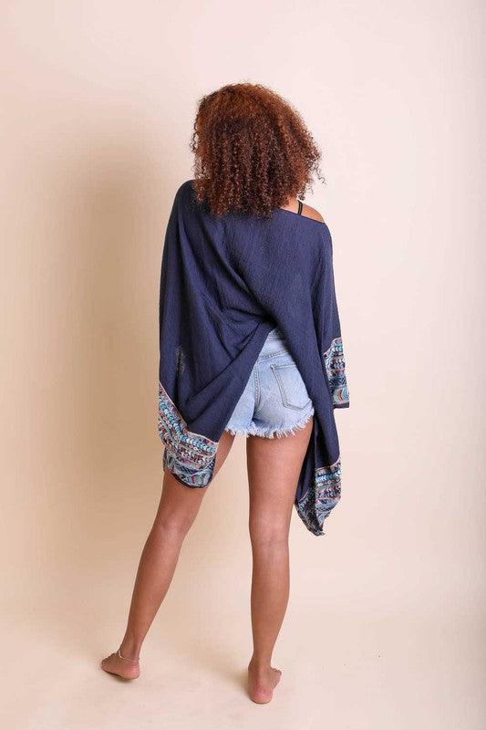 Geometric Embroidered Sleeve Kimono Shirts & Tops