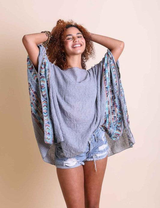 Geometric Embroidered Sleeve Kimono Gray OS Shirts & Tops