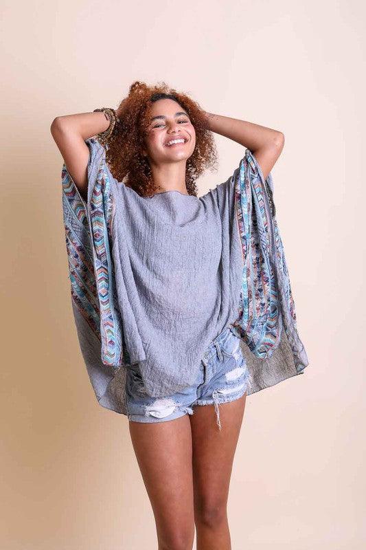 Geometric Embroidered Sleeve Kimono Gray OS Shirts & Tops