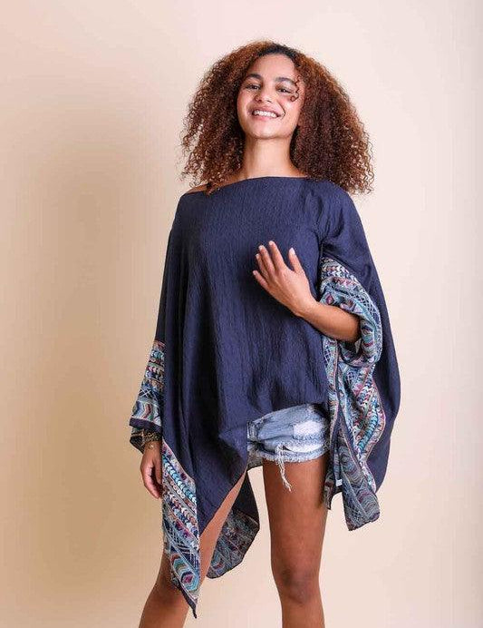 Geometric Embroidered Sleeve Kimono Navy OS Shirts & Tops