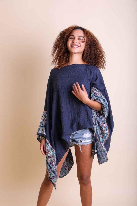 Geometric Embroidered Sleeve Kimono Navy OS Shirts & Tops