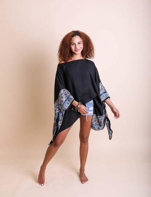 Geometric Embroidered Sleeve Kimono Black OS Shirts & Tops