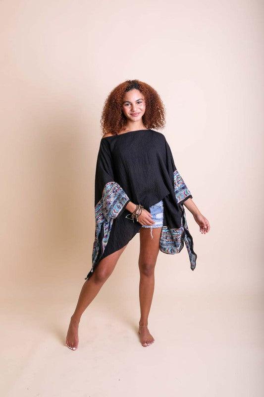 Geometric Embroidered Sleeve Kimono Black OS Shirts & Tops