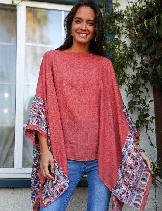 Geometric Embroidered Sleeve Kimono Rust OS Shirts & Tops