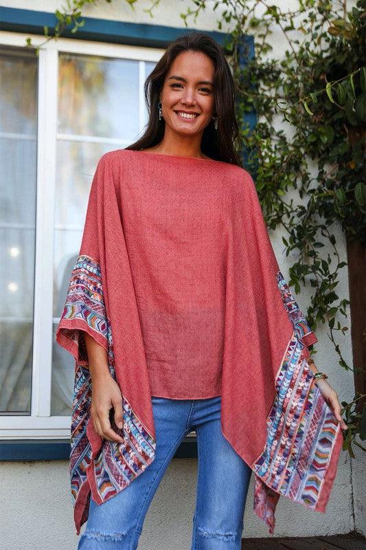 Geometric Embroidered Sleeve Kimono Rust OS Shirts & Tops