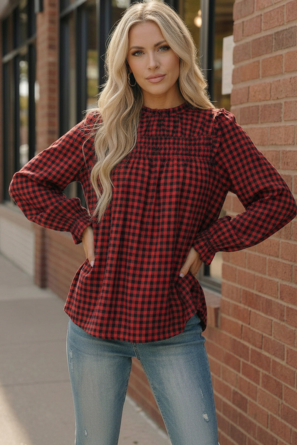 Haptics Womens Red Buffalo Checkered Smocked Blouse