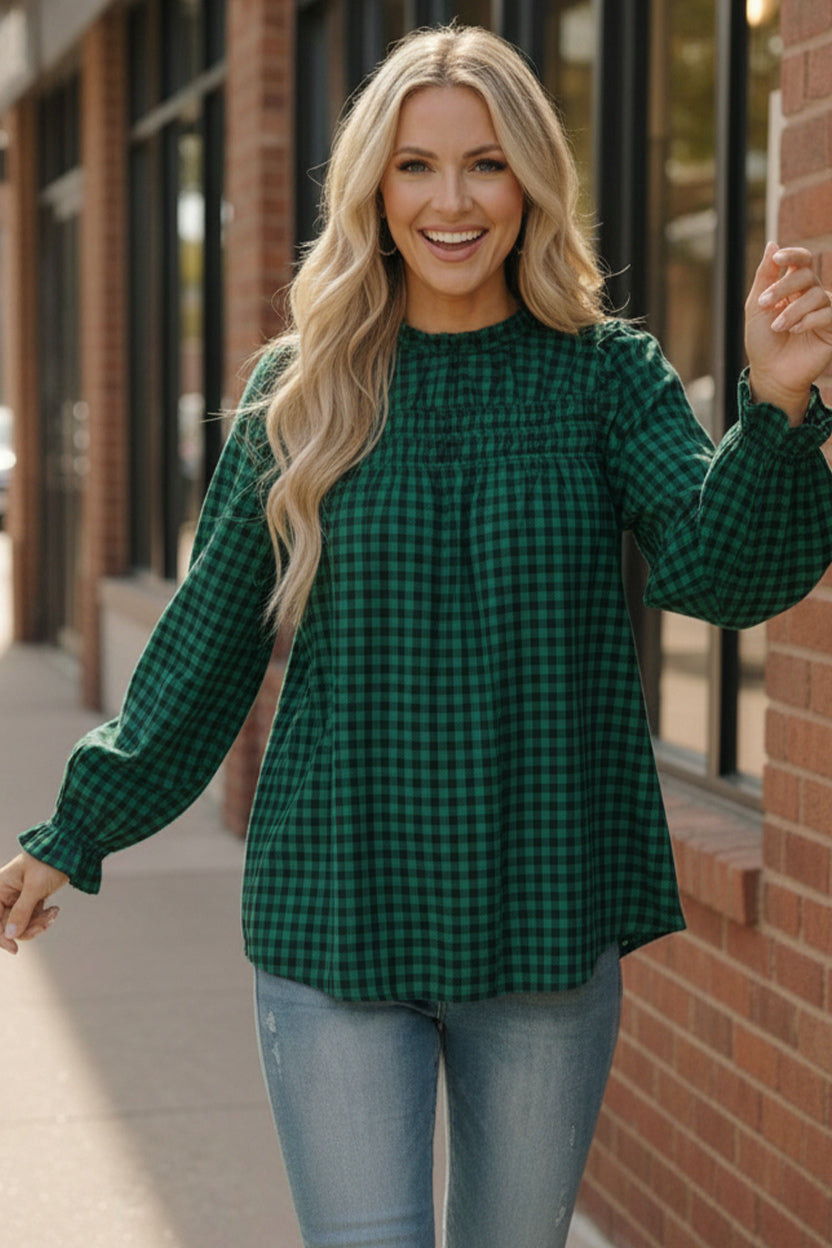 Haptics Checkered Green Smocked Blouse with Plaid Ruffled Cuffs