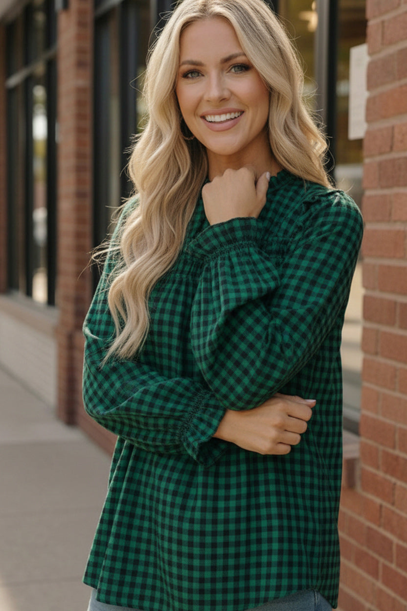 Green and black checkered Haptics smocked blouse with ruffled cuffs