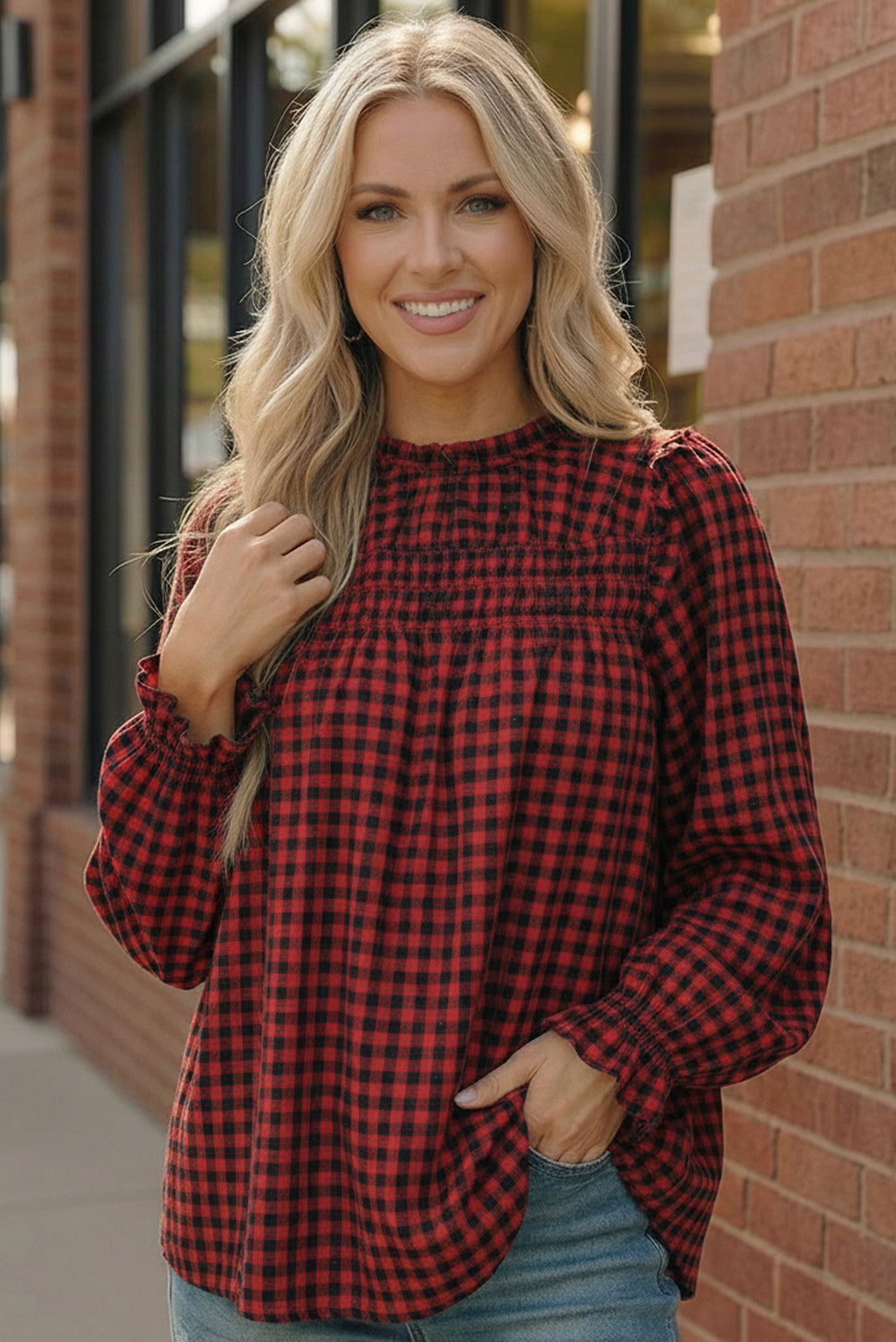 Haptics womens red buffalo checkered smocked blouse with cuffs