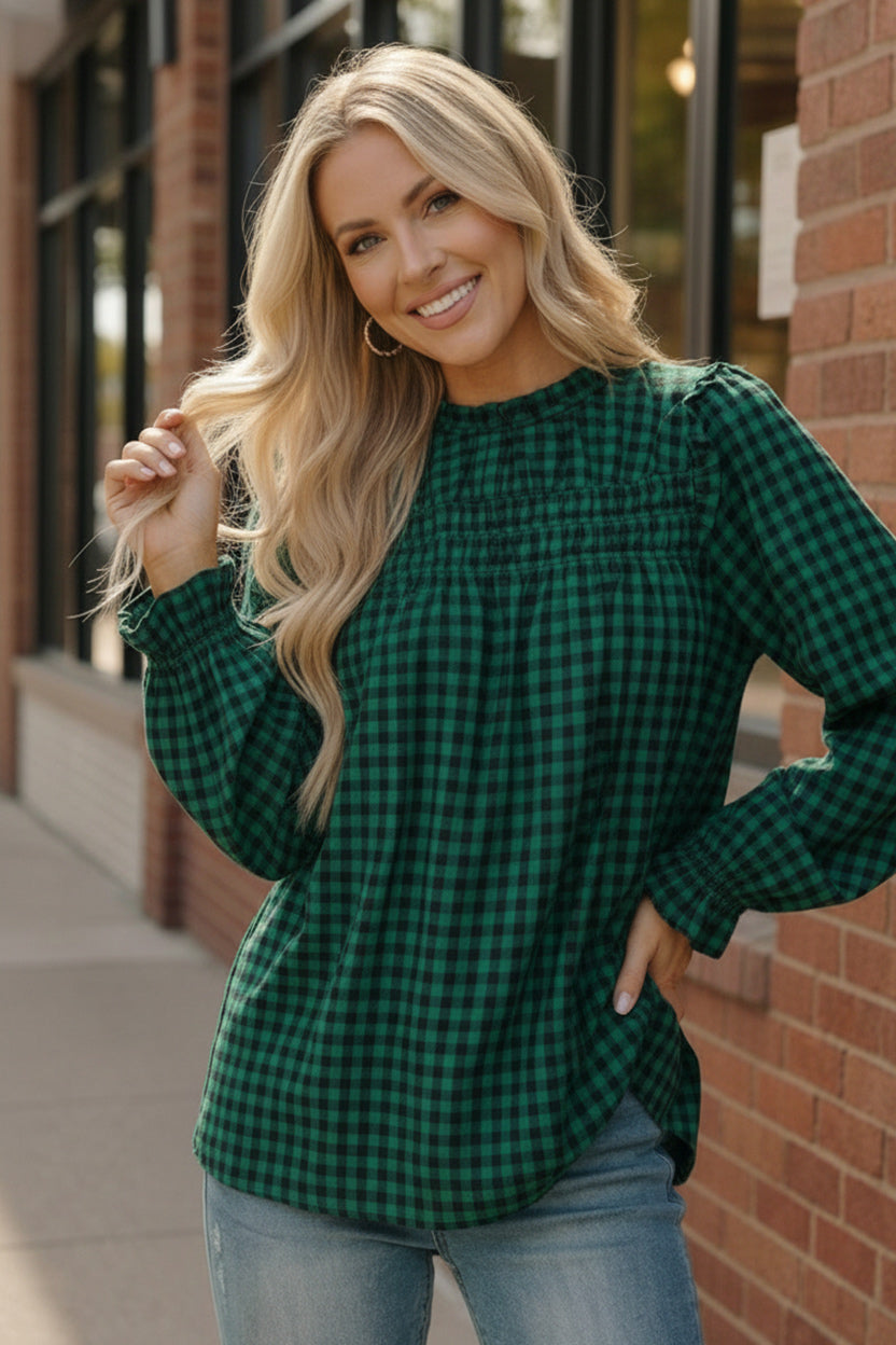 Haptics Checkered Green Smocked Plaid Blouse