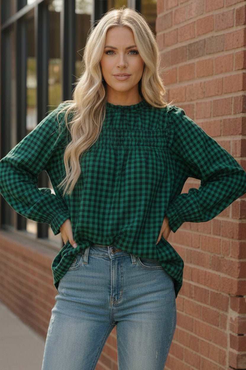 Haptics Checkered Green Smocked Blouse with ruffled plaid neckline
