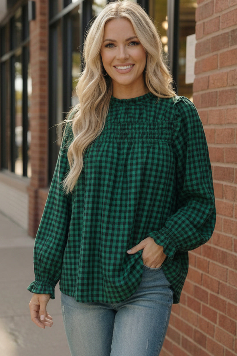 Haptics Checkered Green Smocked Blouse with plaid sleeves and ruffles