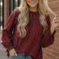 Haptics Womens Red Buffalo Checkered Smocked Blouse with Ruffled Cuffs