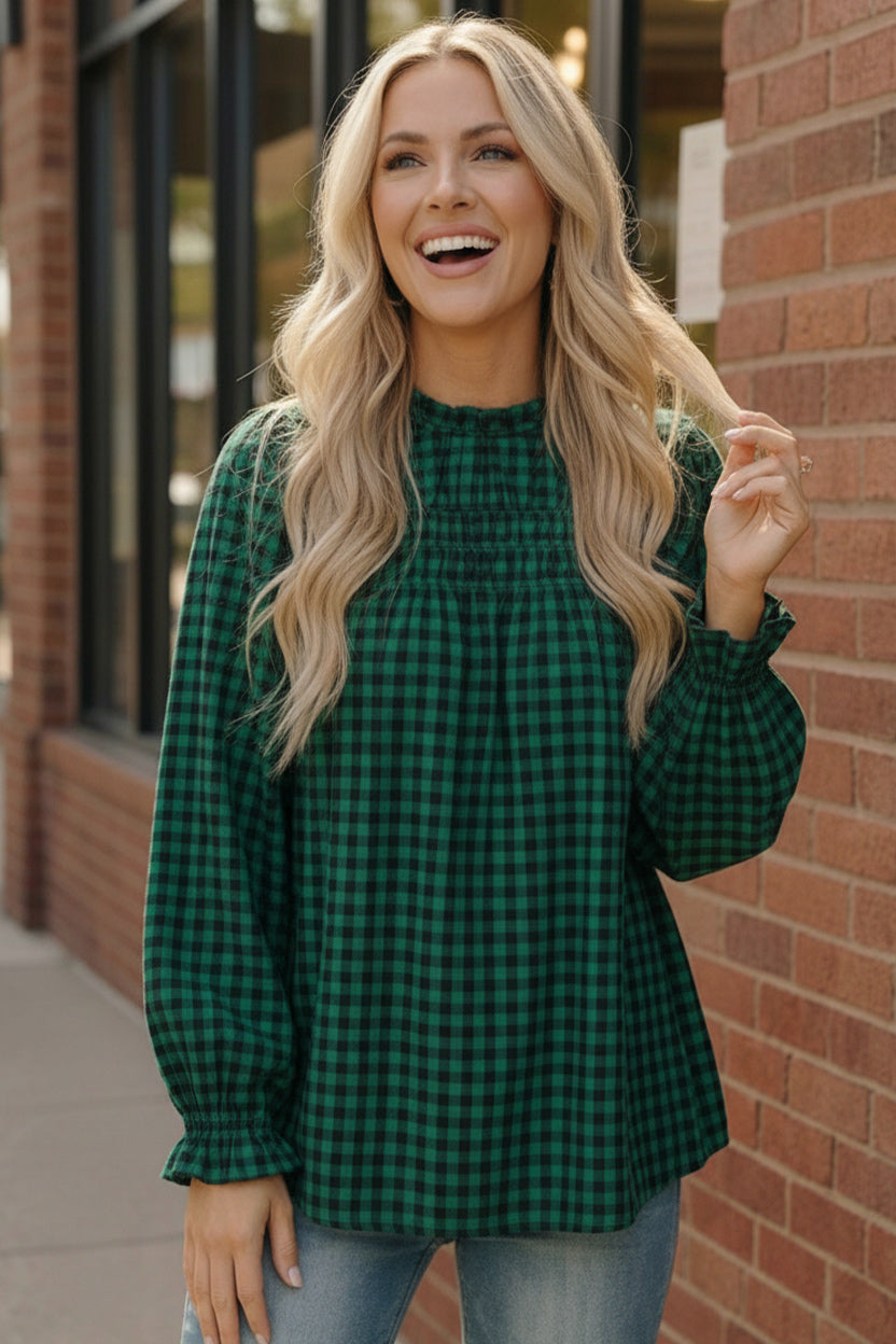 Haptics green and black plaid smocked blouse with ruffled cuffs