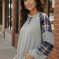 Haptics Plaid Thermal Waffle Knit Top in gray with blue-brown-white checkered panels