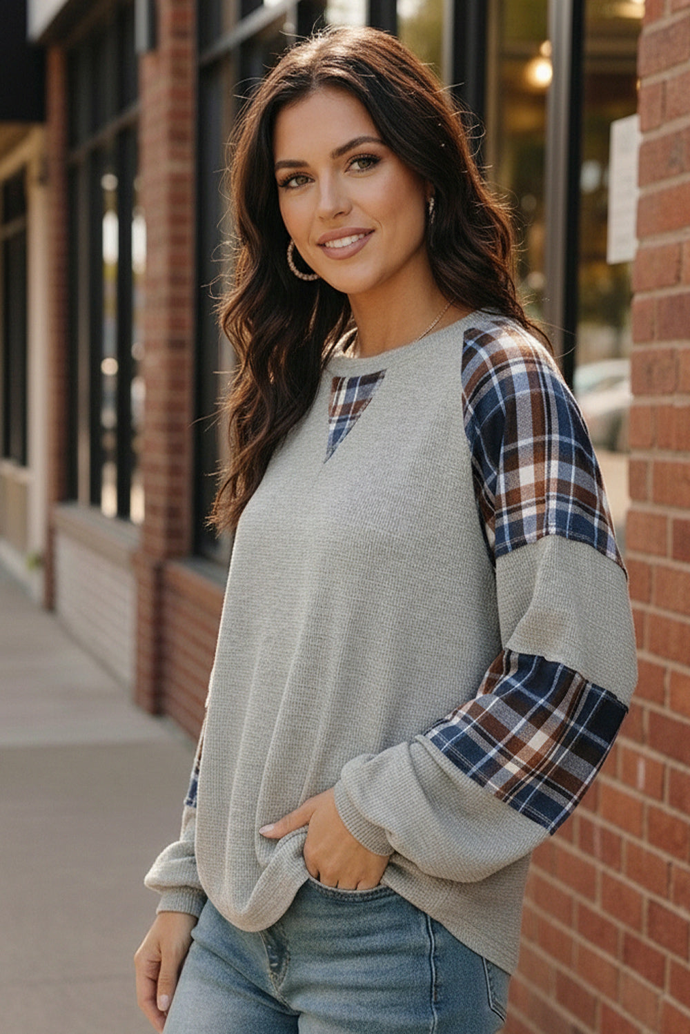 Haptics Plaid Thermal Waffle Knit Top in gray with blue-brown-white checkered panels