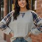 Gray plaid raglan sleeve V-neck Haptics thermal waffle knit top