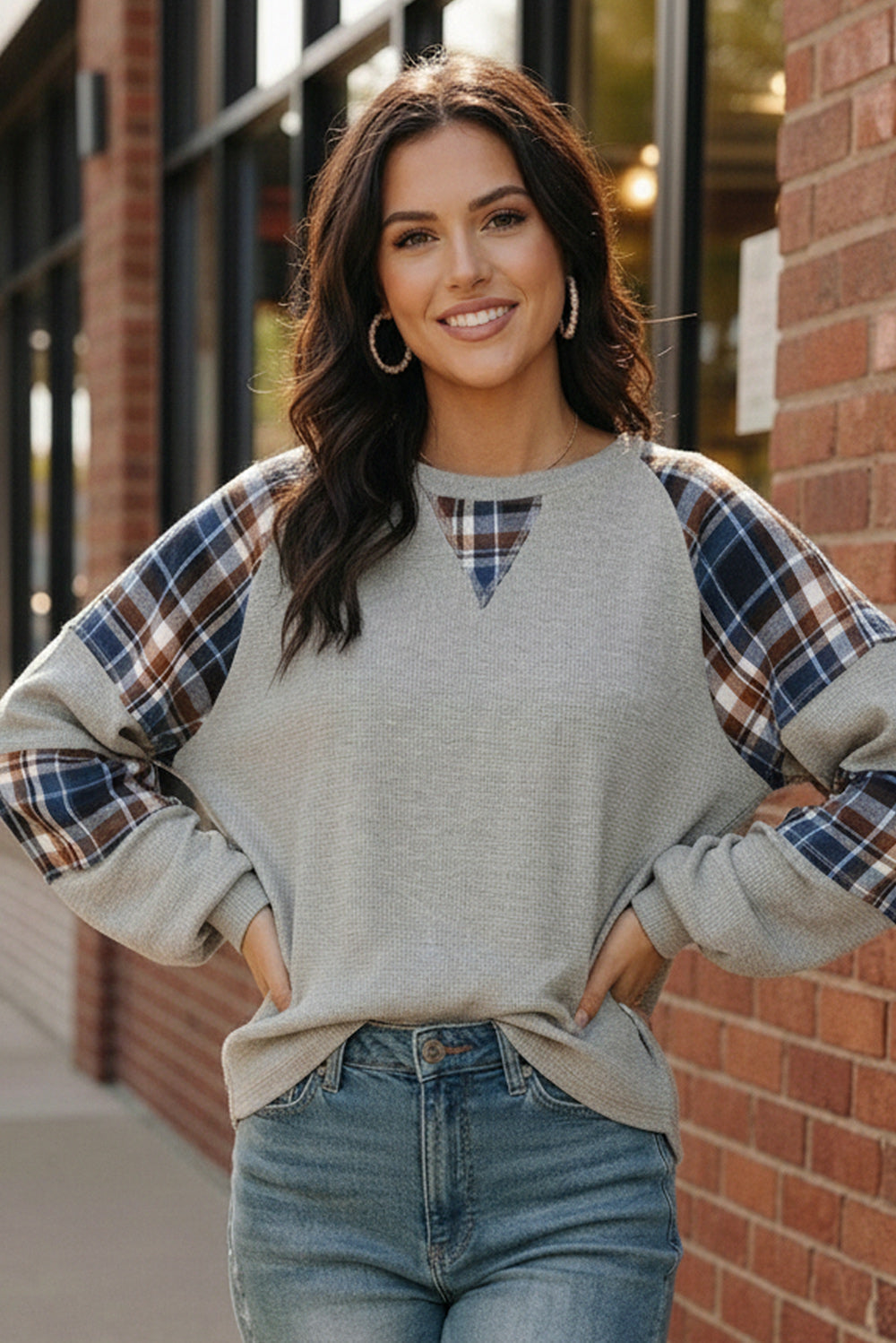 Gray plaid raglan sleeve V-neck Haptics thermal waffle knit top