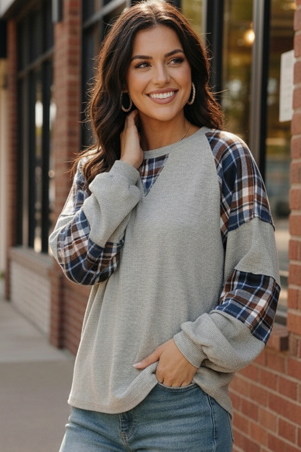 Gray plaid raglan sleeve Haptics waffle knit thermal top