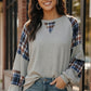 Gray plaid raglan sleeve Haptics thermal waffle knit top with neckline patch