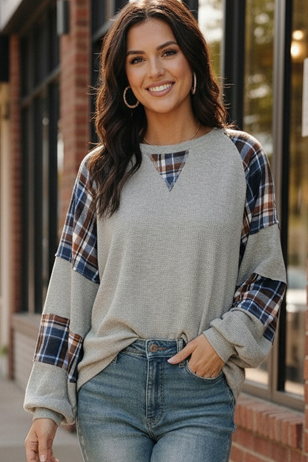 Gray plaid raglan sleeve Haptics thermal waffle knit top with neckline patch