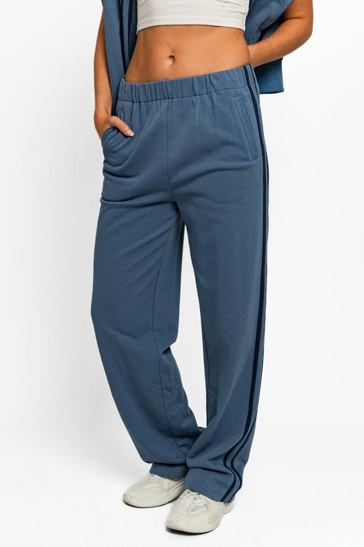 High Waisted Side Stripes Straight Track Sweatpants Dusty Blue Lounge Wear