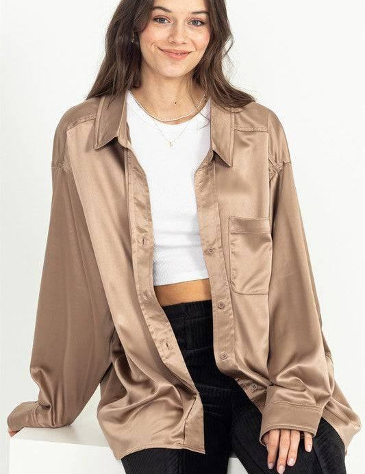 Oversized button-down satin shirt Shirts & Tops