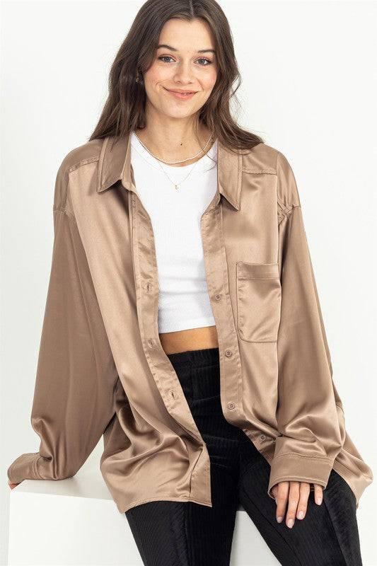 Oversized button-down satin shirt Shirts & Tops