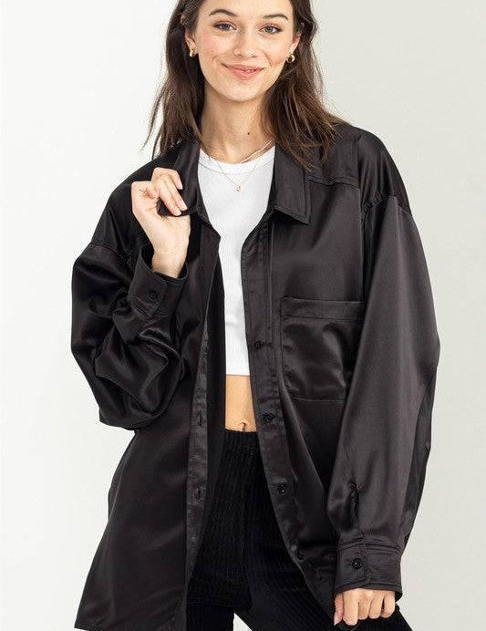 Oversized button-down satin shirt Shirts & Tops