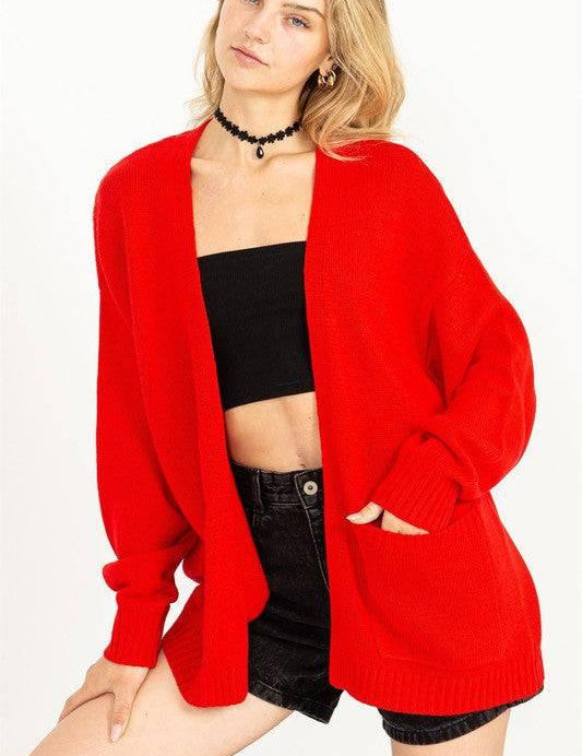 Long Sleeve Open Front Oversized Cardigan RED L Cardigans