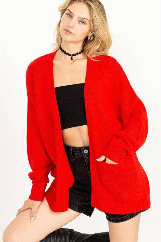 Long Sleeve Open Front Oversized Cardigan RED L Cardigans