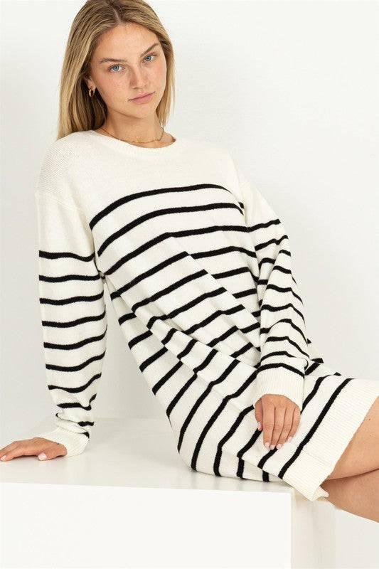 Long sleeved striped loose fit sweater dress CREAM BLACK Mini Dresses