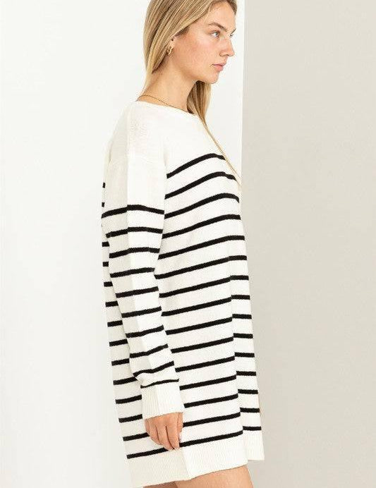 Long sleeved striped loose fit sweater dress Mini Dresses