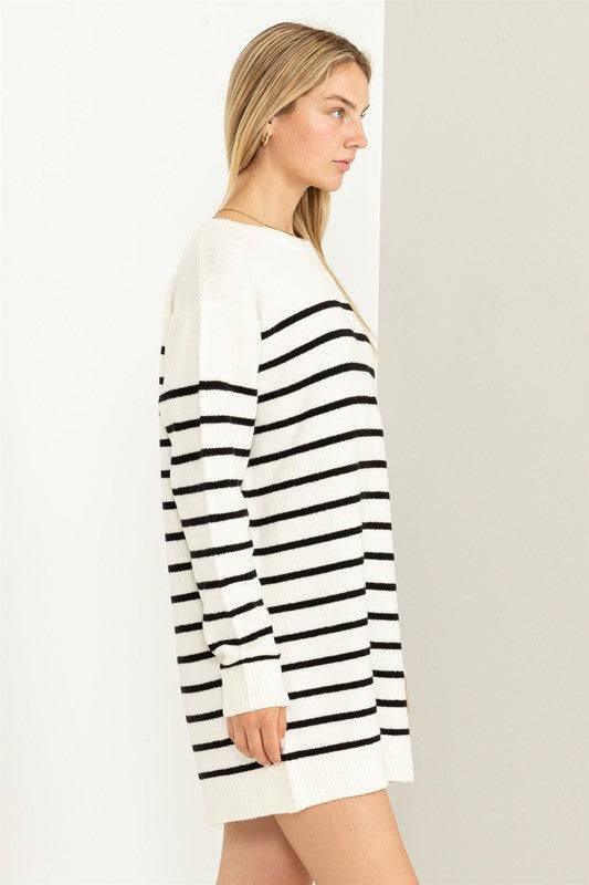 Long sleeved striped loose fit sweater dress Mini Dresses