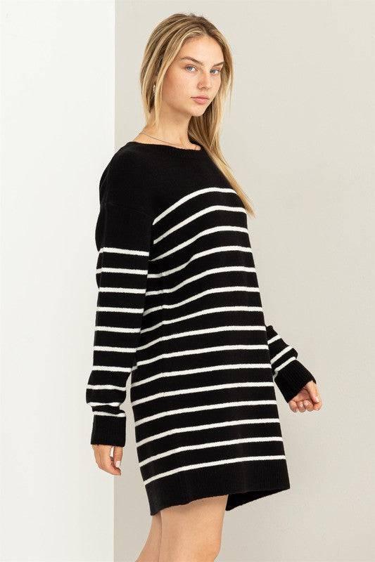 Long sleeved striped loose fit sweater dress Mini Dresses