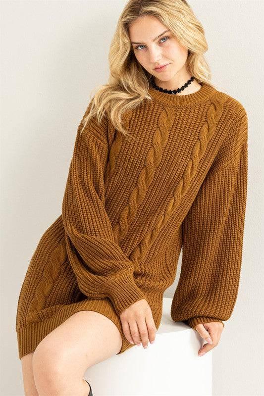 Cable Knit Mini Sweater Dress PALE BROWN Mini Dresses