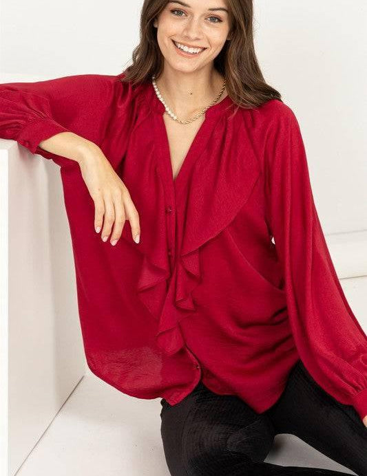 Front ruffle long sleeve blouse BURGUNDY Shirts & Tops