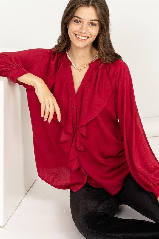 Front ruffle long sleeve blouse BURGUNDY Shirts & Tops