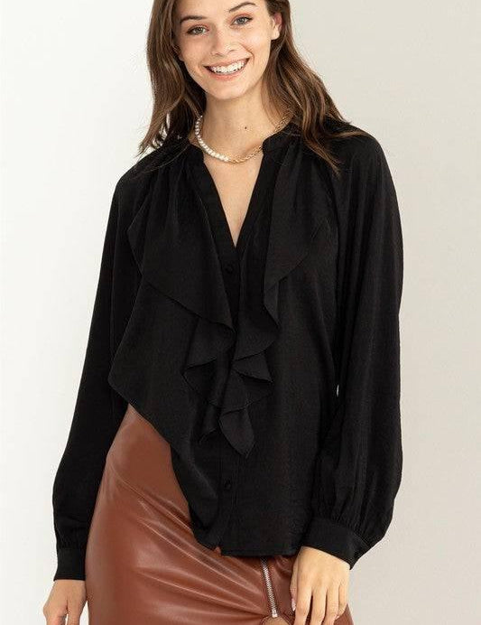 Front ruffle long sleeve blouse BLACK Shirts & Tops