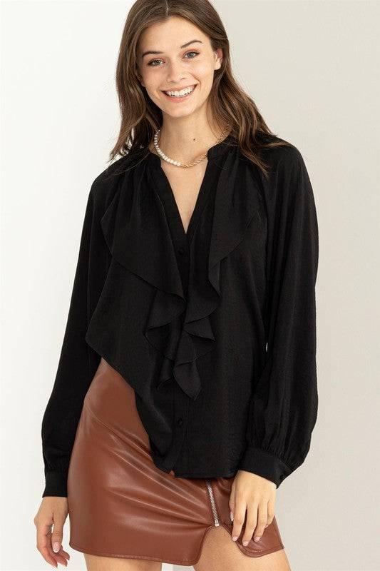 Front ruffle long sleeve blouse BLACK Shirts & Tops