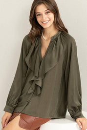 Front ruffle long sleeve blouse D.OLIVE Shirts & Tops