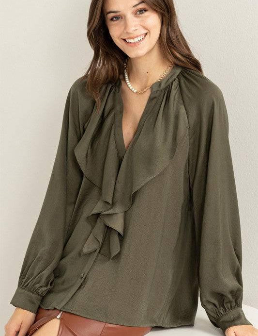 Front ruffle long sleeve blouse D.OLIVE Shirts & Tops