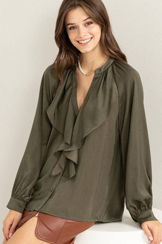 Front ruffle long sleeve blouse D.OLIVE Shirts & Tops