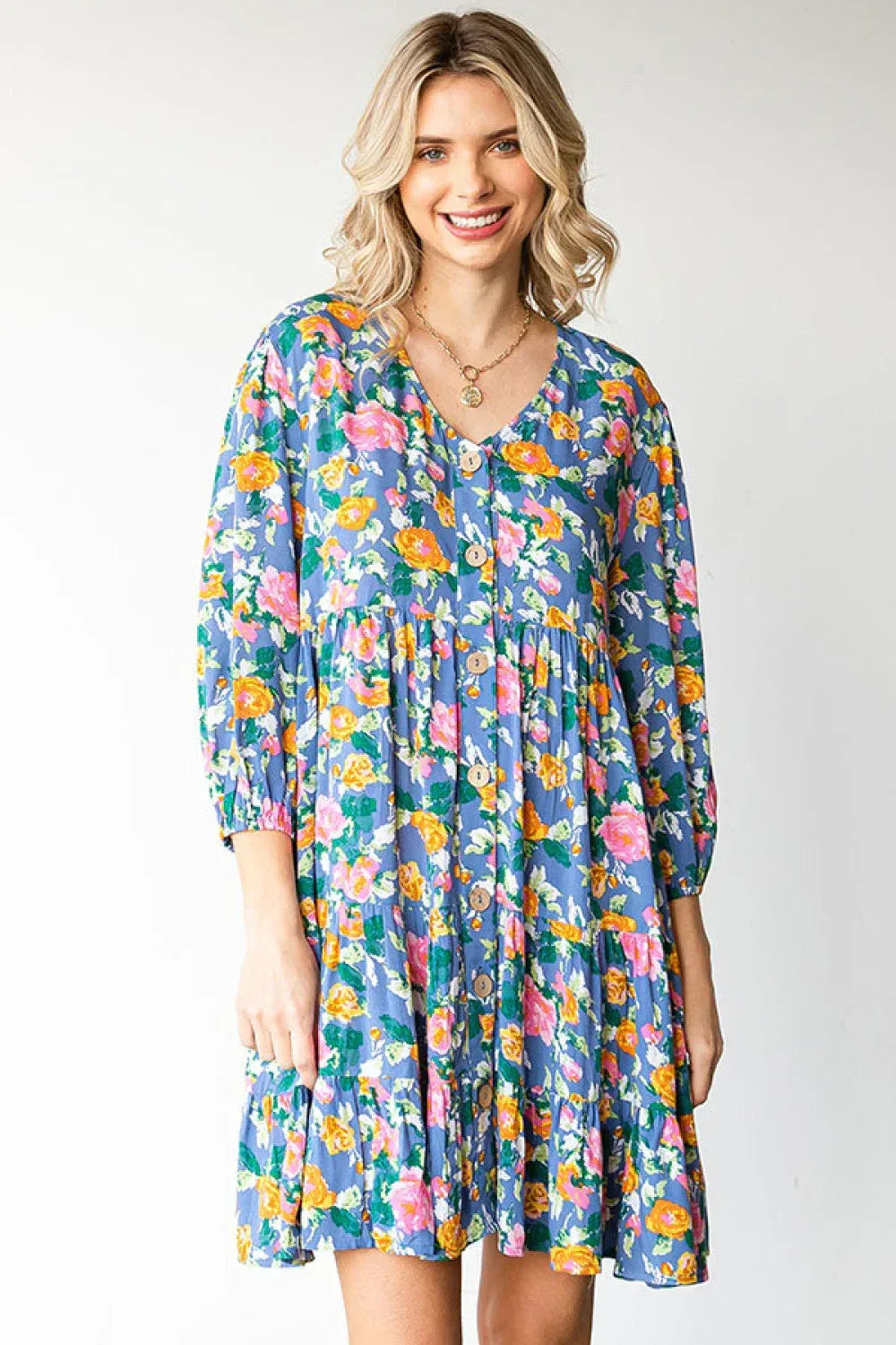 Boho Vibes Cotton Floral Button Down 3/4 Sleeve Tiered Dress - DAVERRI FASHIONS