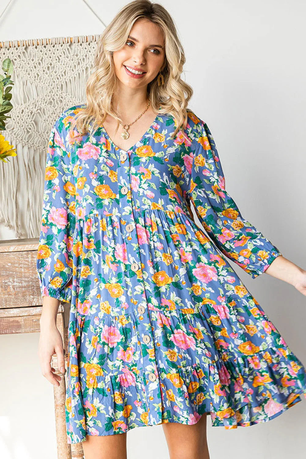 Boho Vibes Cotton Floral Button Down 3/4 Sleeve Tiered Dress | Daverri Fashions