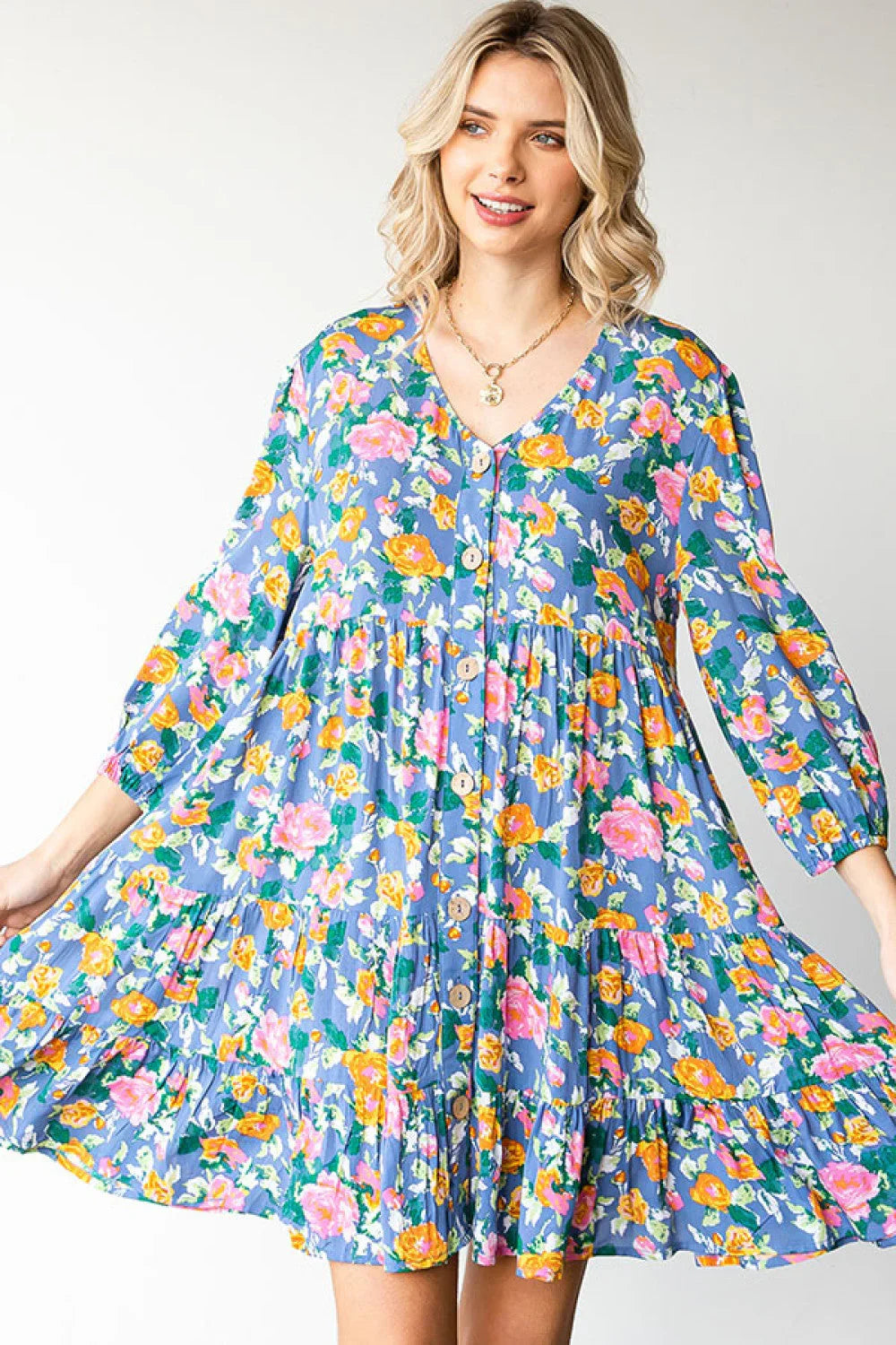 Boho Vibes Cotton Floral Button Down 3/4 Sleeve Tiered Dress | Daverri Fashions